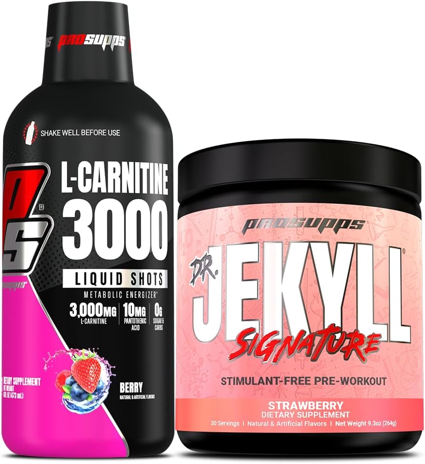 PROSUPPS L-karnitiin 3000 Stimulant Free Vedel Shots (Berry) Dr Jekyll Signature Intense Focus, Energy & Pumps Pre-Workout Powder (Maasikas) Bundle
