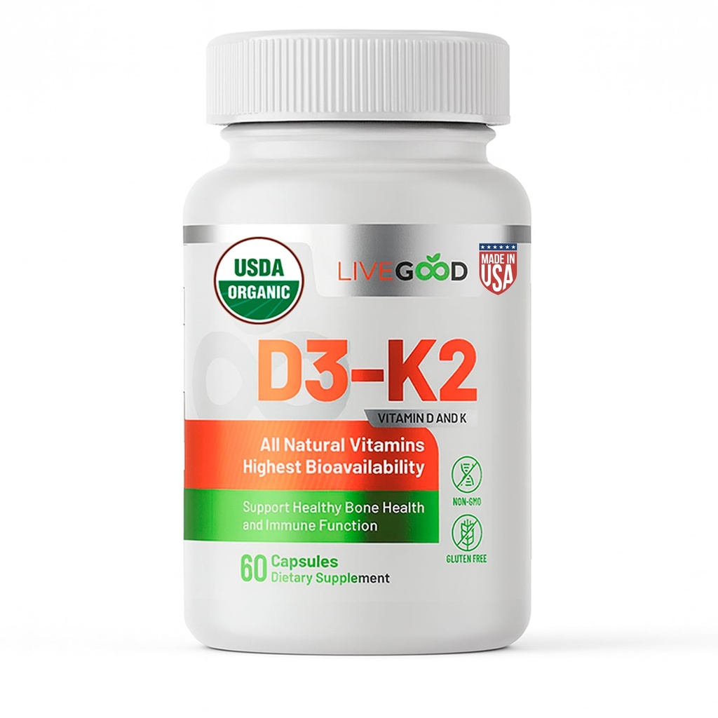 LIVEGOOD Orgaaniline D3 K2 täiendus 2000 IU, vegankapslid MK-7-ga, puhas D3-vitamiin K2-ga immuunsuse jaoks ja luu tugi, mis on valmistatud USA-s Orgaaniline D3 K2 valem (60 loend)
