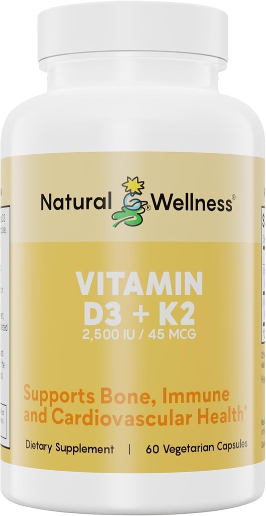 Looduslik heaolu Vitamiin D3 + K2 - kõrge tugevusega Vitamiin D3 2500 RÜ & K2 MK-7 45 mcg - toetab luu tugevust, südame tervist, immuunsust ja ainevahetust - kõik-ühes looduslik vegan toidulisand, 90 kapslit