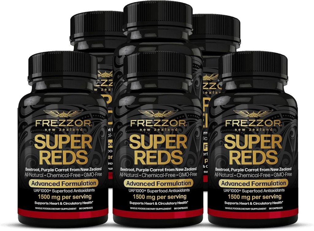 FREZZOR Super Reds kapslid UAF1000+, All-Natural Uus-Meremaa Red Superfood Energy, Essential Red Fruits Veggies & Beets, Antioksüdandid, Ensüümid, Energialisandid, 540 kapslit, 6 pudelit