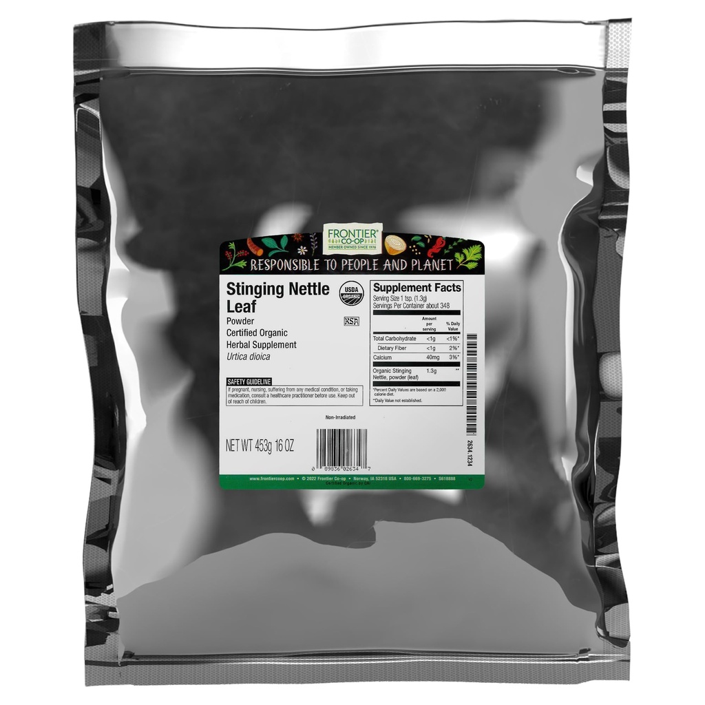 Frontier Co-op Organic Ground Stinging Nettle Leaf, Dried Nettle Leaf Powder, Kosher | 16 Ounce (1. pakk)