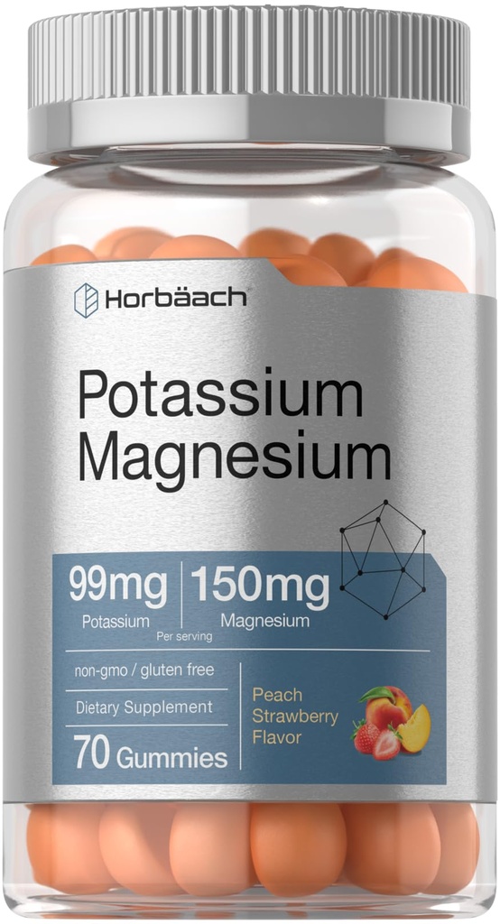 Horbäach Kaalium Magneesium Supplement Gummies | virsik maasikamaitse | 70 Count | Vegan, Non-GMO ja Gluteenivaba valem