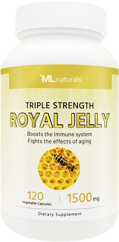 ML Naturals Royal Jelly 1500mg 120 köögiviljakapslid, samaväärne 6% (27mg) 10-HDA. Külmkuivatatud, Gluteenivaba, NSF- sertifitseeritud ja cGMP- nõuetele vastav