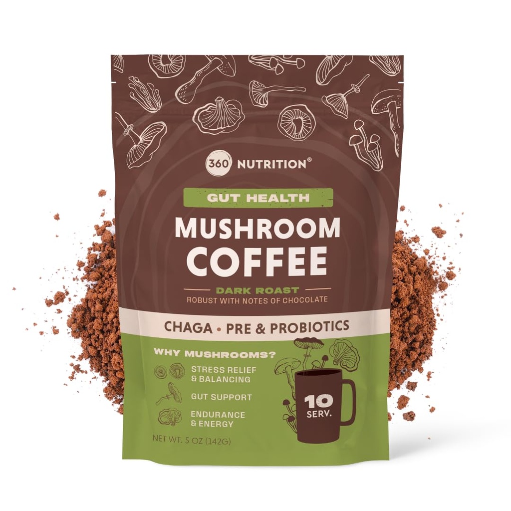 360 Toitumine Instant Seenekohv Chaga Superfood Seene ja Prebiootikumid, Probiootikumid Soolestiku Tervise Ja Focus Support | Dark Roast, No Added Sugar 5 oz (Gut Blend)