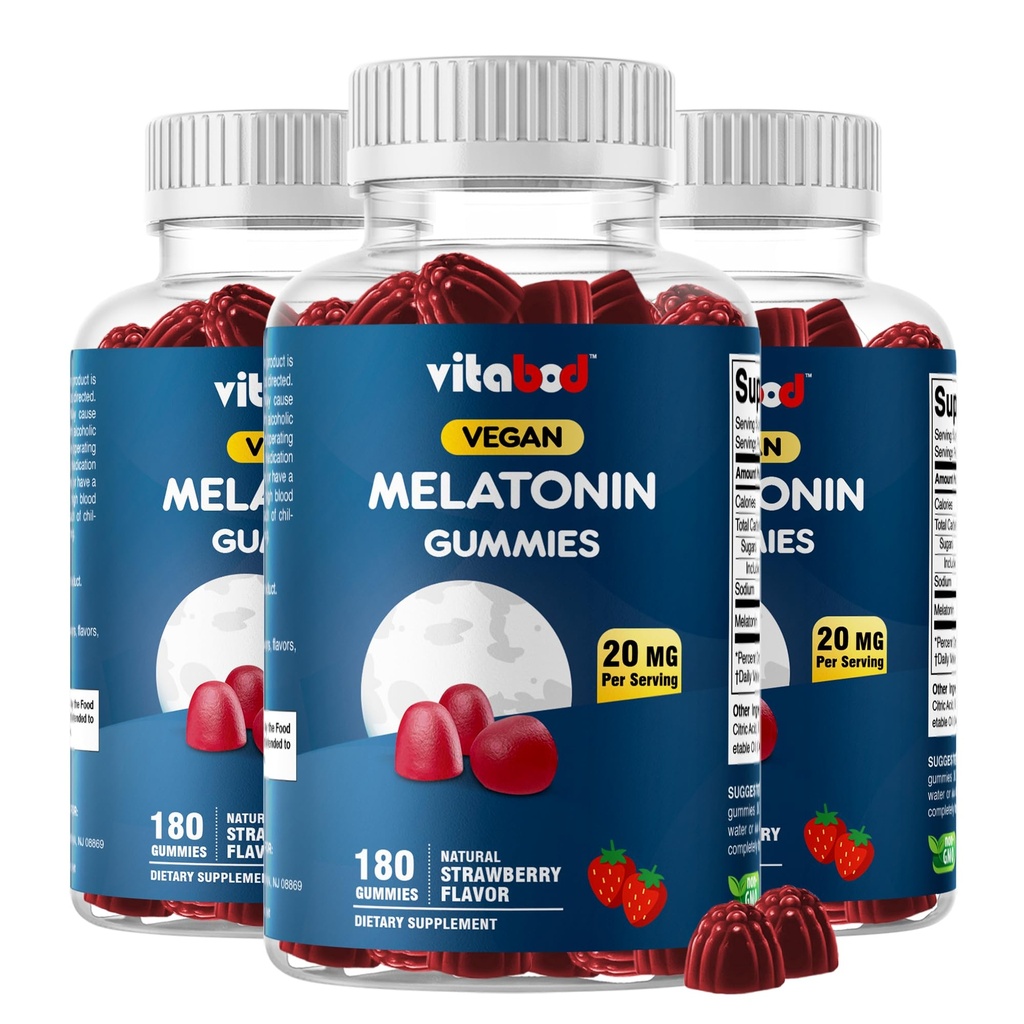 Melatoniin 20mg Gummies - 180 Count - Drug Free - Natural Strawberry Maitse - Taimetoitlane, Non-GMO, Gluteenivaba (3 pudelit)