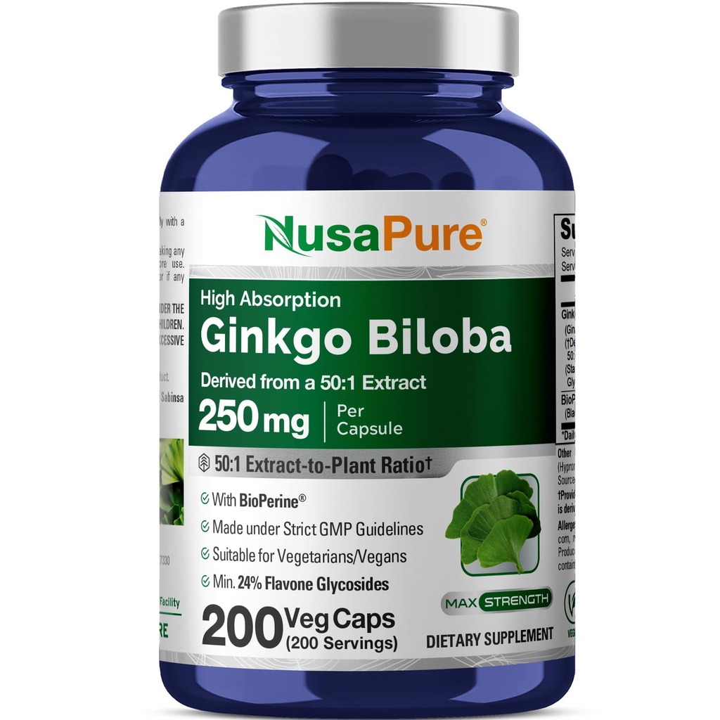 NusaPure Ginkgo Biloba 50: 1 Ekstrakt, 250 mg, mis vastab 12,500 mg Veggie Caps 200 kapslile (Taimetoitlane, mitte-GMO, Vegan) Bioperiin