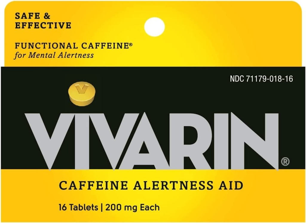 Vivarin, kofeiinipillid, 200 mg kofeiini igas tabletis, ohutult ja tõhusalt aitab teil püsida ärkvel, häireabi, energialisa, 16 tabletti - 5 pakendit