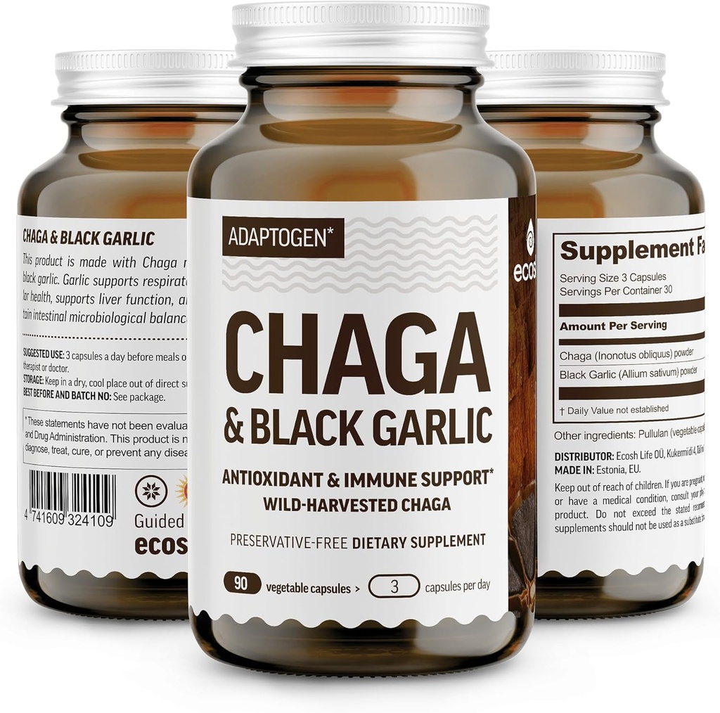 100% Real Wild Chaga Seen & Aged Black Garlic Pulber Kapslid – Antioksüdant & Immune Support Supplement | Nordic Forest Chaga Seened Black Garlic | No Filles | 1500mg Kapslid | 90 ct