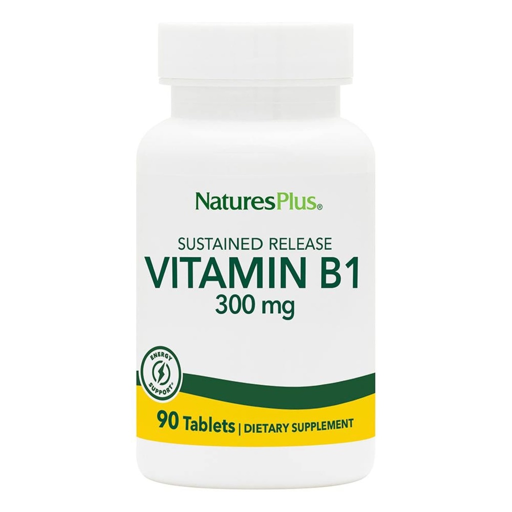 Natures Plus B1-vitamiin (tiamiin HCI), püsiv vabanemine - 300 mg, 90 taimset tabletti - gluteenivaba - 90 serveerimist