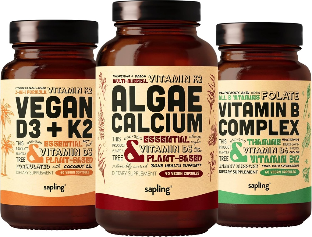 Vetikad Kaltsium ja Vegan D3 + K2 ja Vitamiin B Kompleks B Kompleks - Kaltsiumilisand punastest vetikatest, 4000 IU D3-vitamiin ja 100mcg K2-vitamiin, olulised B-vitamiinid