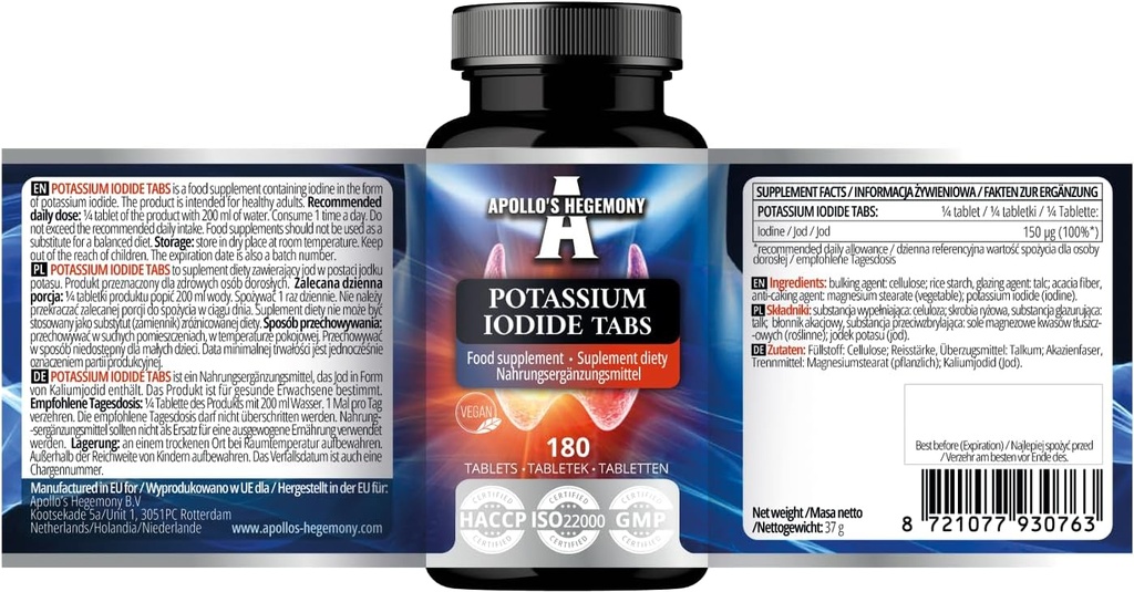 Kaaliumjodiid 150 mcg portsjoni kohta - 180 vegani tabletti - 720 serveerimist - optimaalse näärme funktsiooni ja energia metabolismi jaoks - Apollo hegemoonia toidulisand