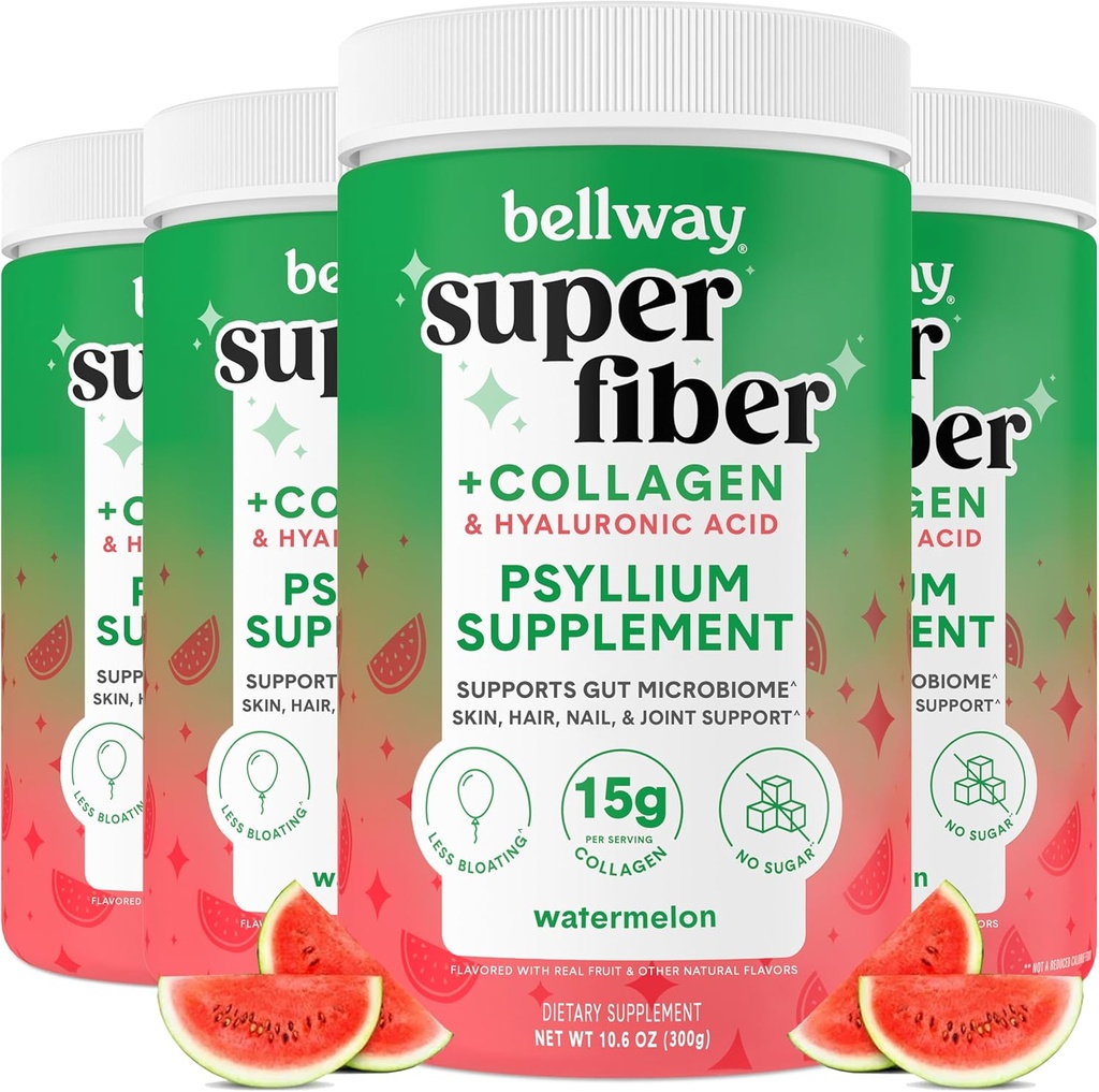 Bellway Super Fiber Pulber + kollageen (4 Pack), suhkruvaba Psyllium Kesta pulber kollageenpeptiididega ja hüaluroonhape soolestiku tervise, terve naha, küüned, kondid ja liigesed, arbuus (42.4 oz)