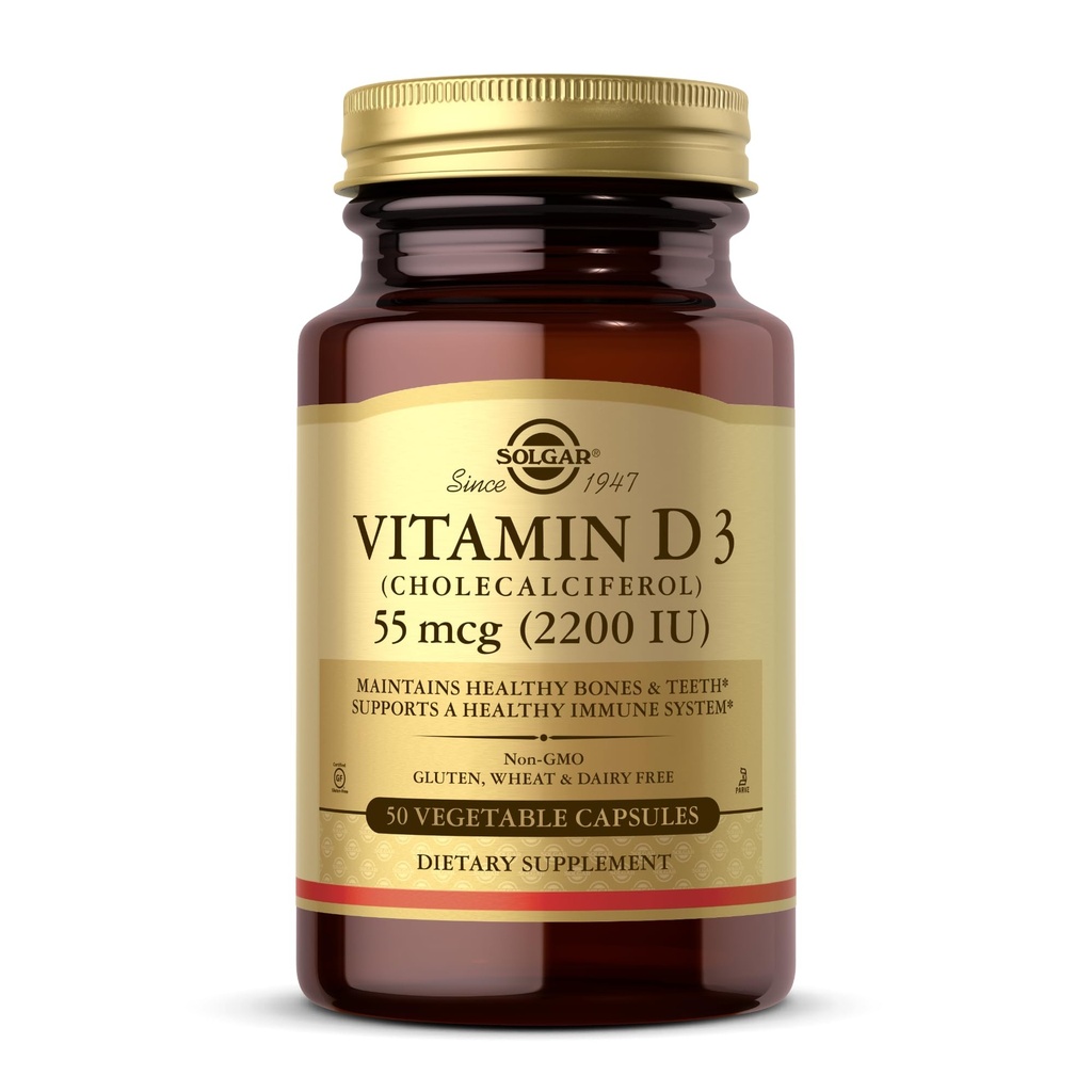Solgar Vitamiin D3 (kolekaltsiferool) 55 mcg (2200 RÜ), 50 köögiviljakapslid - aitab säilitada tervislikke luid & hambaid - Immuunsüsteemi tugi - mitte-GMO, gluteenivaba, piimavaba, Kosher - 50 Servings