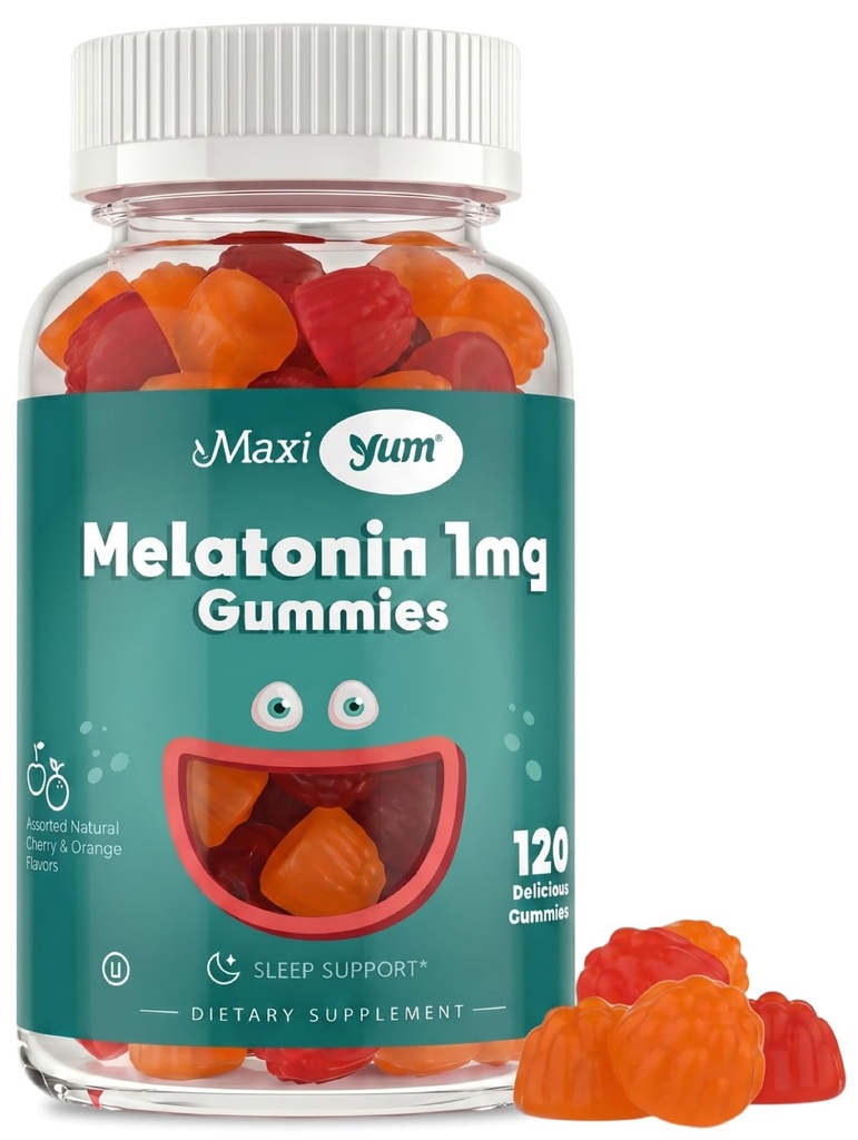 Maxi Health 1mg Melatoniin Gummies - Kids Melatoniin närimiskummid loodusliku kirsi ja oranži maitsega - Täiskasvanute ja beebi une abilisa, et toetada rahulikke öid (120 loend)