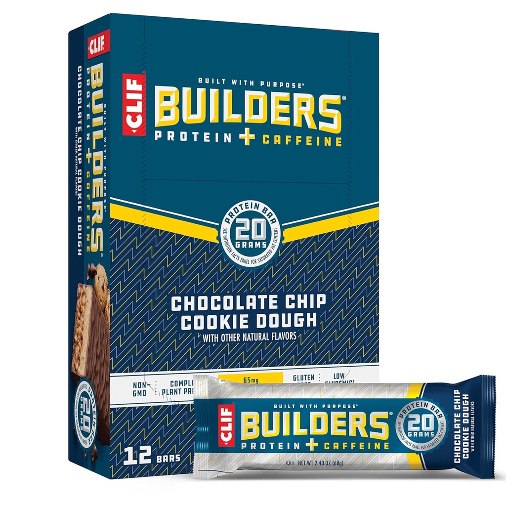 CLIF BUILDERS + Kofeiinivalgu baarid - Šokolaadiküpsise tainamaitse - 20g Taimepõhine valk - Gluteenivaba - Non-GMO - Madal glükeemiline - Kunstlike magusainete puudumine - 2,4 oz. (12 Pack)