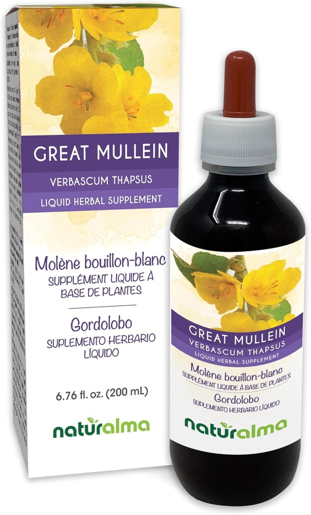 Naturalma Great Mullein või Common Mullein (Verbascum thapsus) Lill ja Leht Alkoholivaba tinktuur - 6,76 fl oz Vedel ekstrakt tilkadena - Taimne täiendus - Vegan