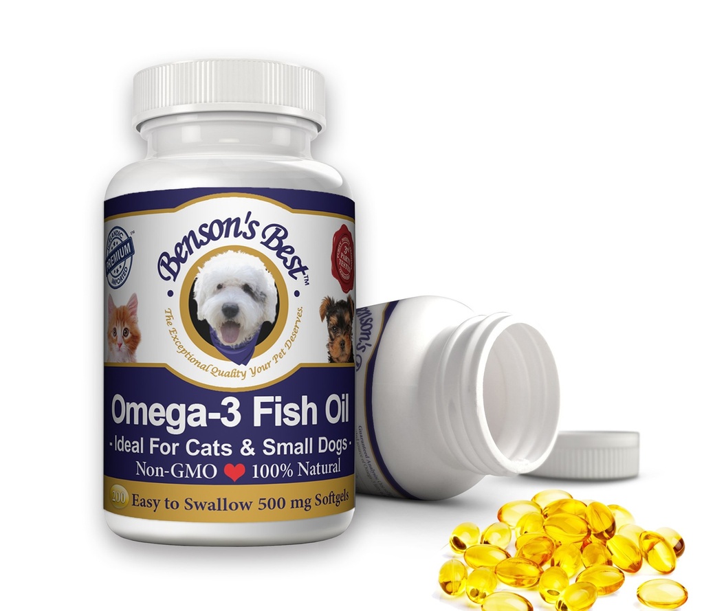 Bensoni parim Omega 3 kalaõli kassidele ja väikekoertele - 200 Softgels 500mg - 43% rohkem Omega 3 rasvhappeid kui lõheõli - 100% puhas, mitte-GMO, looduslik lemmikloomatoidu koera kalaõli toidulisandid
