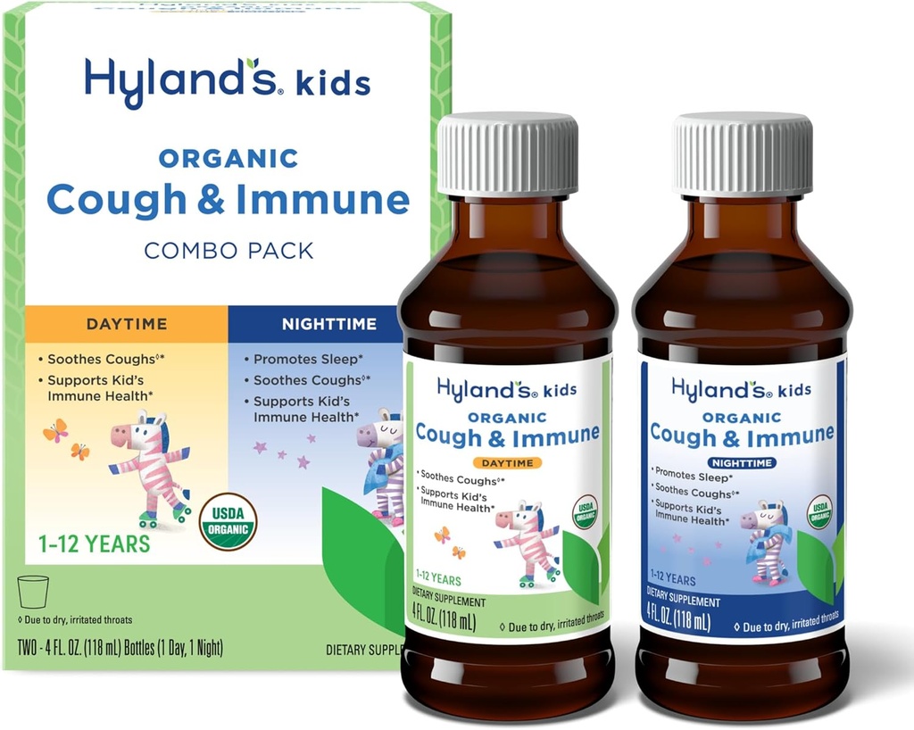 Hyland's Kids Organic Cough and Immune Day and Night Combo Pack, leevendab köha, toetab immuunsust, soodustab und, kaks 4 Fl Oz. pudelid (8 fl oz)
