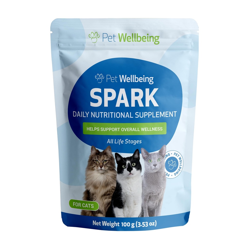 Lemmikloomade heaolu Spark Daily Nutritional Greens Superfood kassidele - probiootikumid, prebiootikumid, seedeensüümid, aminohapped, antioksüdandid, D-vitamiin, Spirulina - veterinaararsti poolt formuleeritud 3,53 oz (100 g)