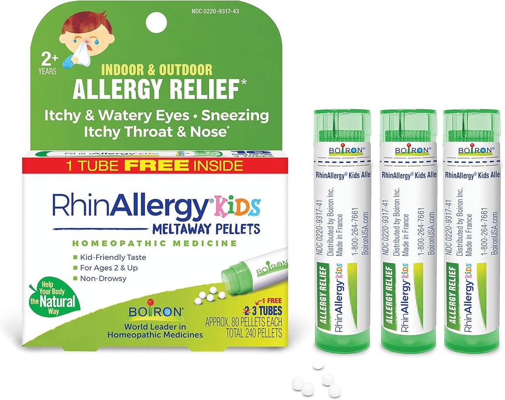 Boiron RhinAllergy Kids Pellets aevastamise, runny nina ja sügelevate silmade või kurgu allergia sümptomite leevendamiseks - 3 krahv (240 Pellets)