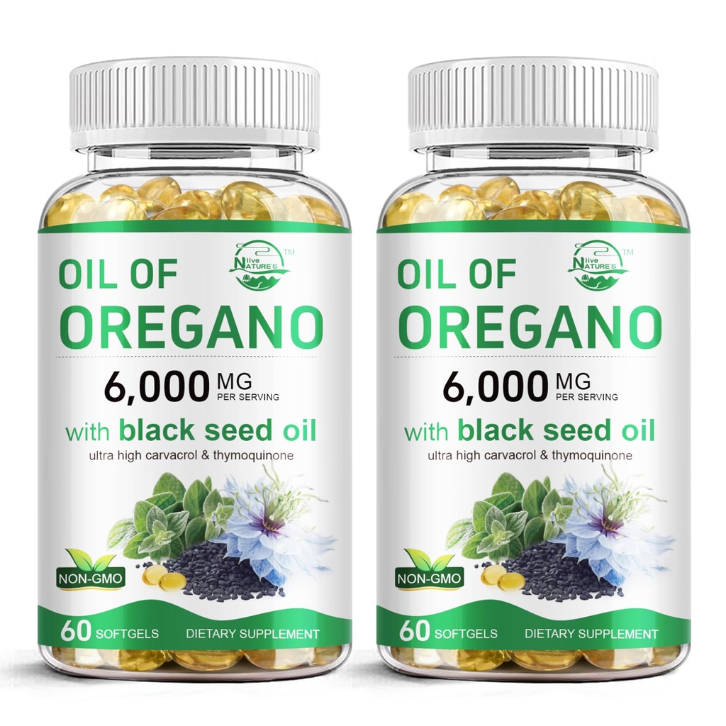 Looduse elus Oregano õli musta seemne õliga, 2 in 1 Oregano toidulisand immuunsuse tervise jaoks, säilitab kõrge kontsentratsiooniga karvakrooli ja tümokinooni, mitte-GMO, 60 softgels, 2 pakendit