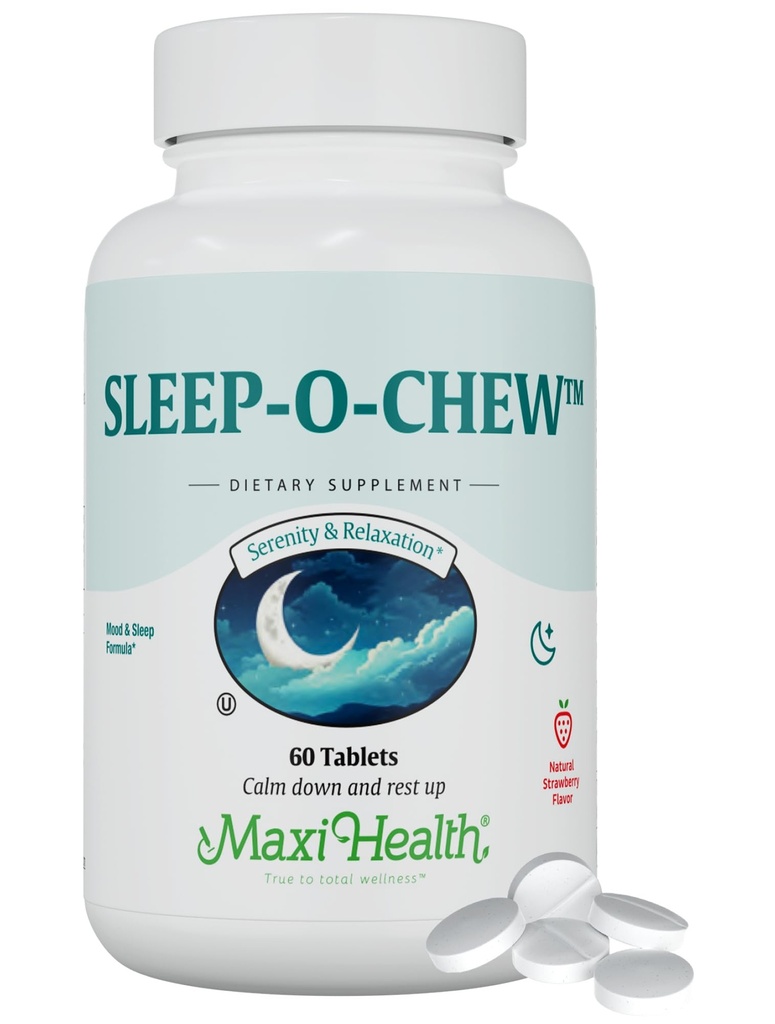 Maxi Health Sleep-O-Chew Maasikas närimistabletid magneesiumi, inositooli, L-trüptofaani, 3mg melatoniini Sleep Support - Non Habit moodustamine Sleep Aid täiskasvanutele, Kosher Sleep Supplement, 60 Count