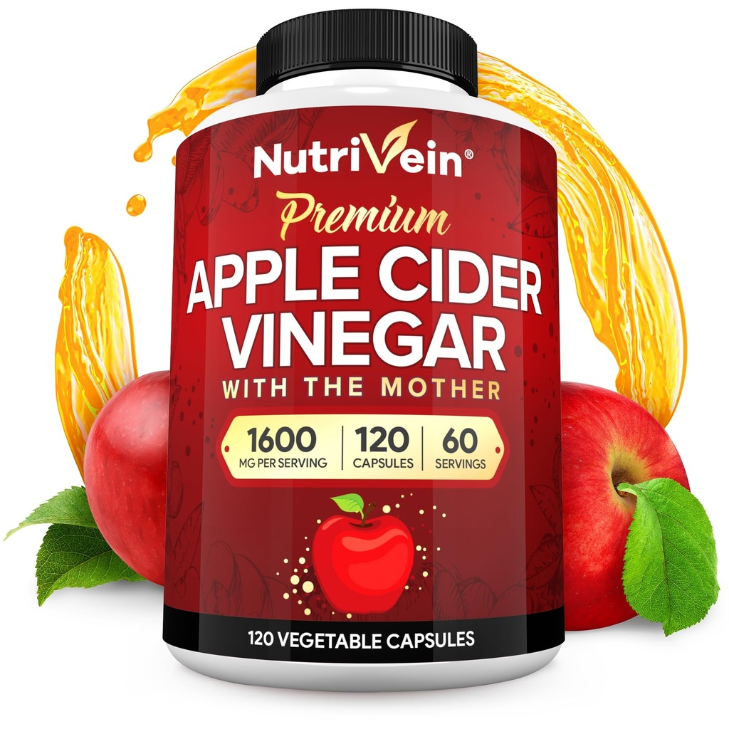 Nutrivein Premium õunasiidri äädika lisandid emaga - 1600 mg - 120 õunasiidri äädika kapslit: ACV pillid seedimiseks, Keto, puhastamiseks ja tasakaalustatud toitumiseks