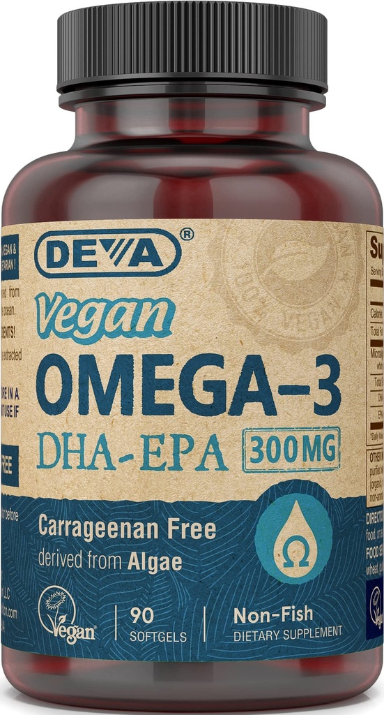DEVA Vegan Omega-3 DHA-EPA 300MG – ei karrageeni, mittekalaõli, mis on saadud vetikatest, mitte-GMO, 90 želatiinivaba softgels