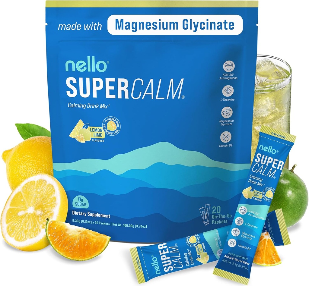 Nello Supercalm Drink Mix - Ashwagandha KSM 66, Magneesium Glycinate & L-Theanine Supplement, Vitamiin D3 - Ashwagandha juure ekstrakt - fookuse ja lõõgastuse tugi (20 reisipaketti) - Sidrunlubja
