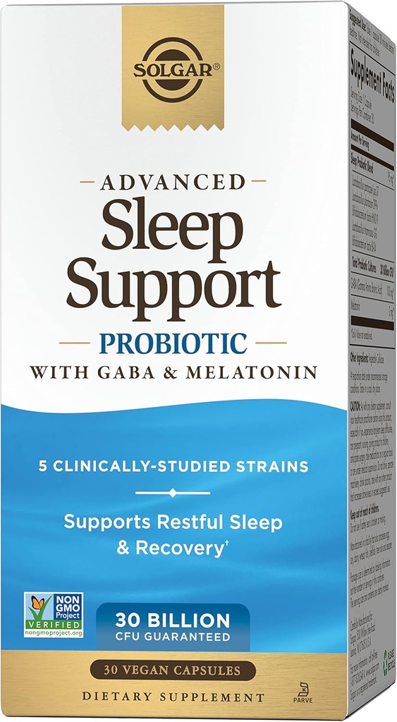 Solgar Advanced Sleep Support Probiootikum GABA & melatoniiniga, 30 Vegankapslit - 30 miljardit CFU - 5 kliiniliselt uuritud tüve - Restful Sleep & Recovery - Non-GMO & Vegan, 30 Servings
