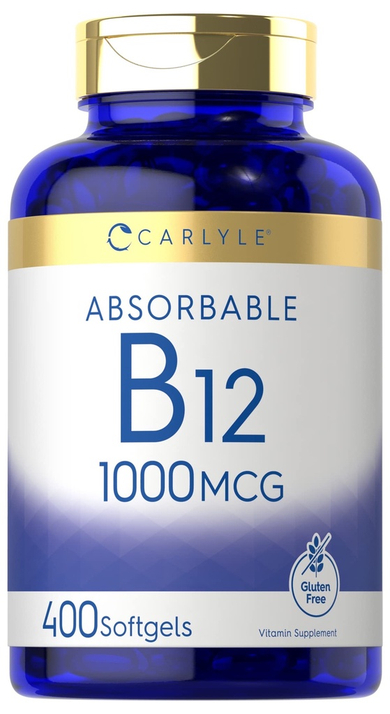 Carlyle Vitamiin B12 1000 mcg Absorbable | 400 Softgels | Mitte-GMO ja Gluteeni vaba täiendus