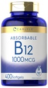 Carlyle Vitamiin B12 1000 mcg Absorbable | 400 Softgels | Mitte-GMO ja Gluteeni vaba täiendus