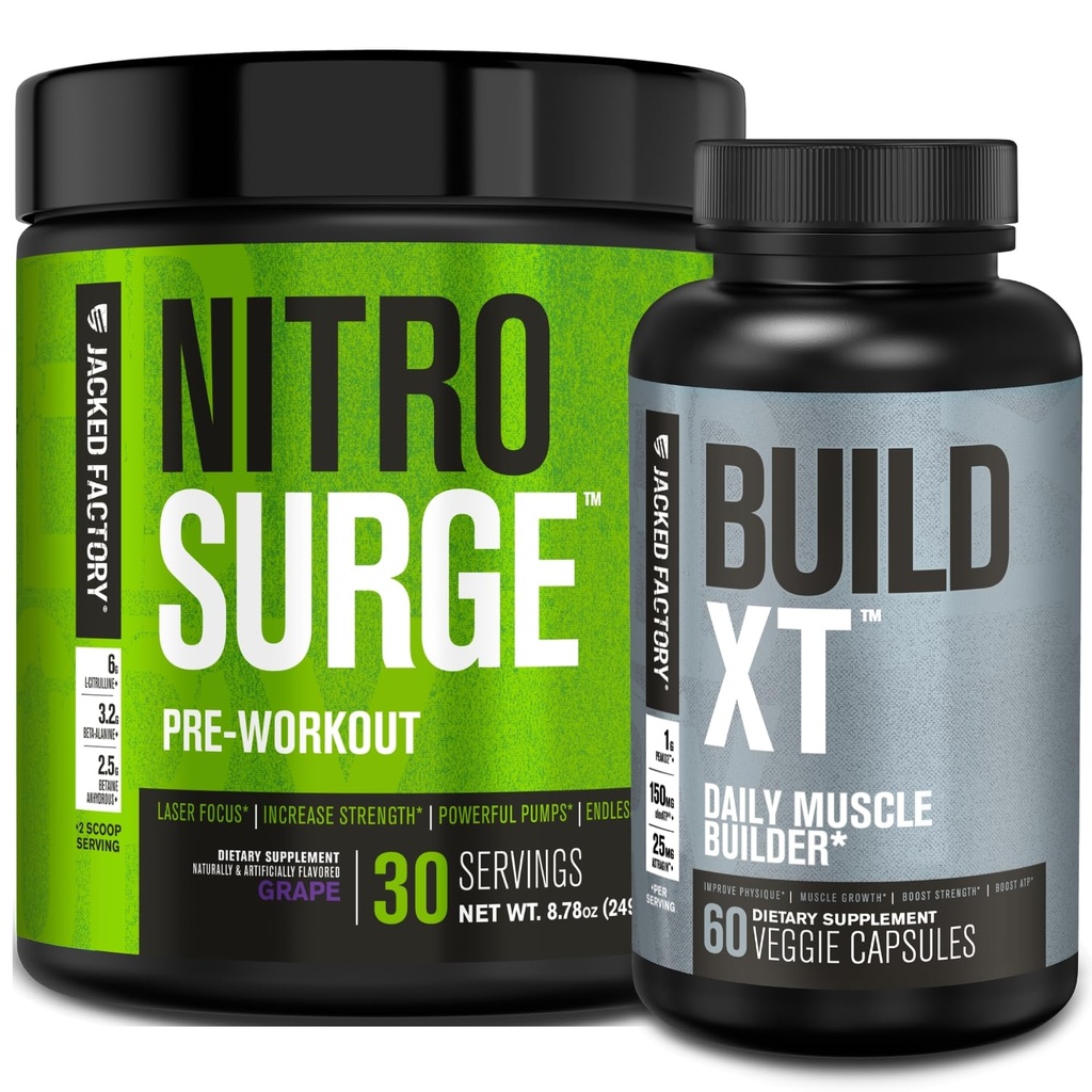 Jacked Factory Nitrosurge Preworkout Grape & Build XT Lihaskoe ehituskomplekt meestele ja naistele