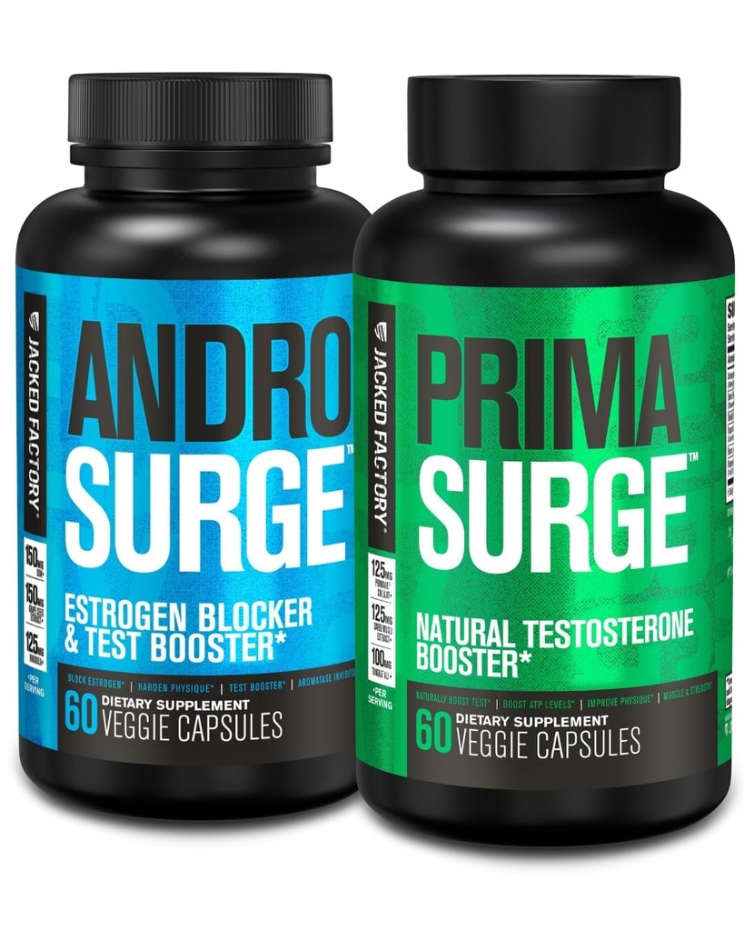 Jacked Factory Testosteroon Booster meestele | Östrogeeni Blocker koos Tongkat Ali - Androsurge Antiöstrogeeni + Primasurge Natural Test Booster - lihaste kasvu, elujõu, energia, 30 päeva pakkumine