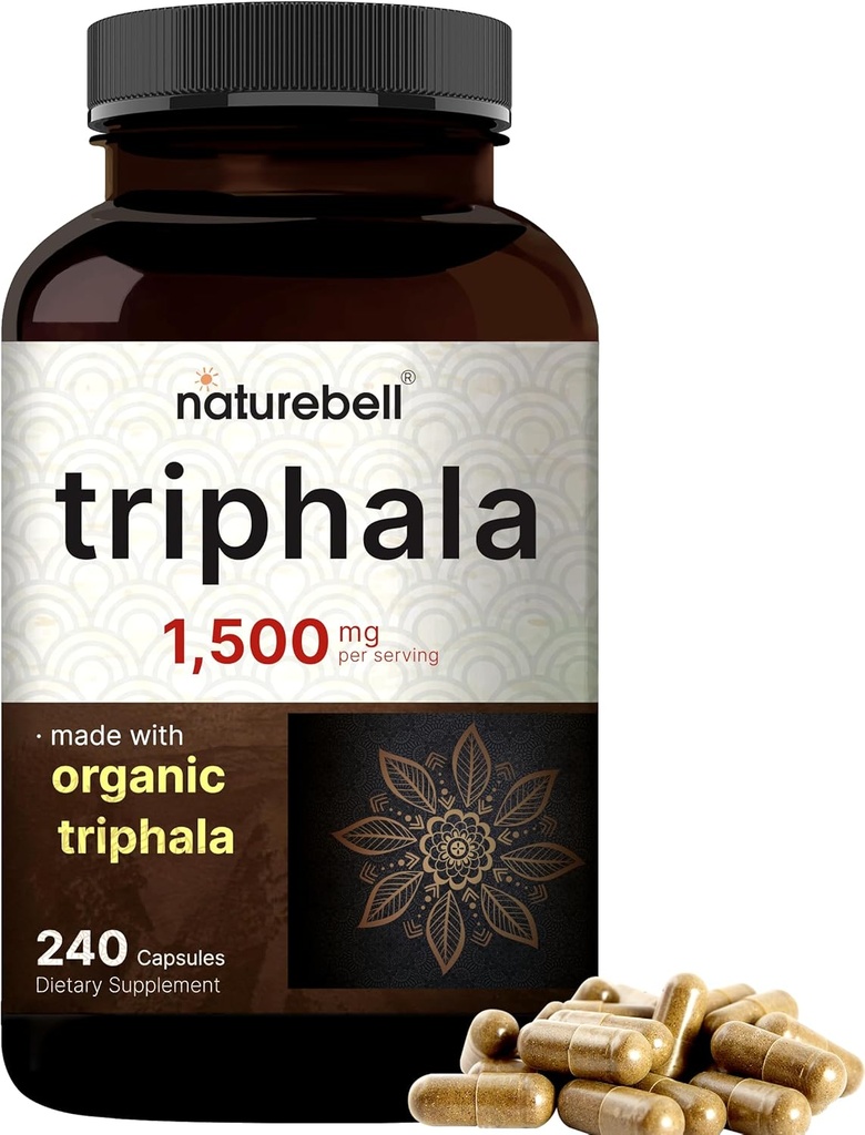 NatureBell Triphala kapslite täiendus, 1500 mg ühe serveerimise kohta | Valmistatud orgaanilise amla, Bibhitaki, Haritaki puuviljapulbriga - toetab seedetrakti tervist - topelttugevus, mitte-GMO