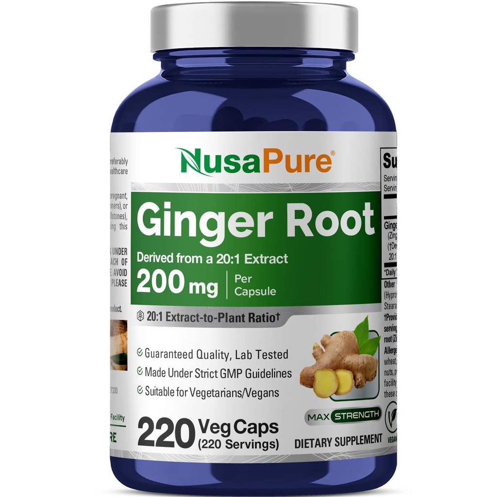 NusaPure Ingveri juurkapslid 20: 1 Ekstrakt, 200 mg, mis vastab 4000 mg Veggie Caps | 220 Count | Non-GMO