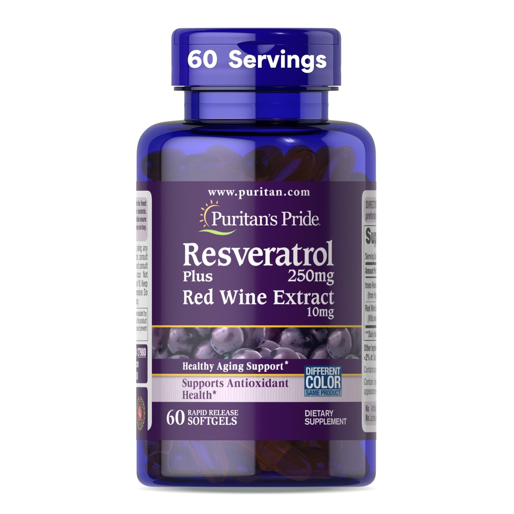Puritan's Pride Premium Resveratrol Youth Guard TM 250mg, toidulisand immuunsüsteemile, antioksüdandile, suhkru ainevahetusele, verevoolule ja veresoonte funktsioonile, 60 kiire vabastamise softgels