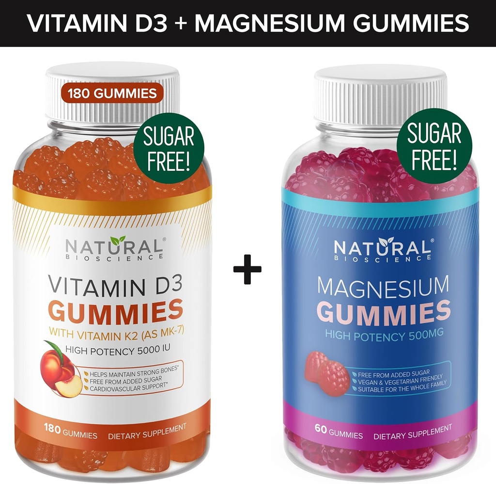 Suhkruvaba Vitamiin D3 K2 Gummies (180 Gummies) ja Suhkruvaba Ekstra Tugevus Magneesium Gummies (60 Gummies), Vitamiin D3 Gummies 5000 IU + K2 MK7 80 mcg, Magneesiumtsitraat Gummies 500 mg