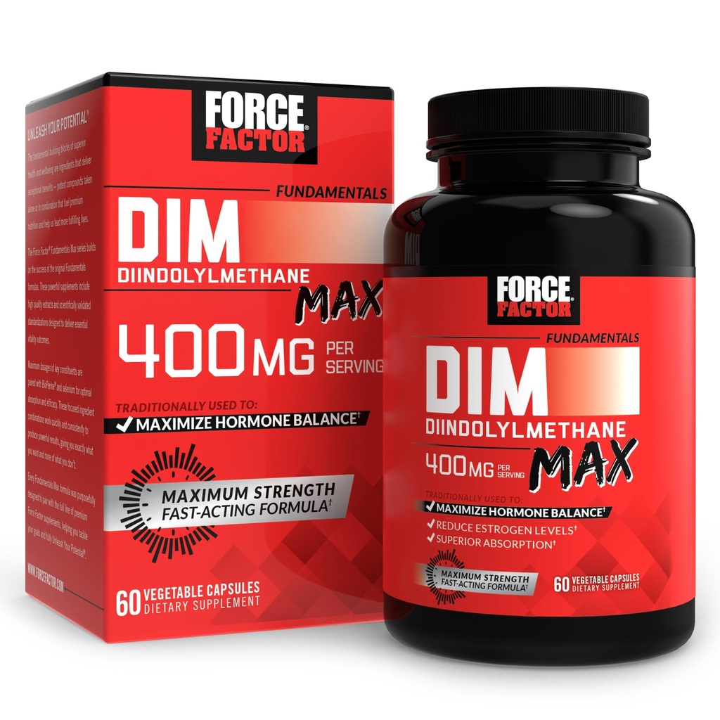 FORCE FACTOR DIM Max, DIM Supplement 400mg, östrogeeni tasakaal naistele ja meestele, hormonaalse akne ekstra tugevus, metabolism, menopaus, PCOS, diindolüülmetaan, kõrgem imendumine, 60 kapslit