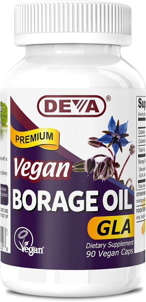 Deva Vegan Vitamiinid, Borage Oil 500mg, rikas allikas Omega-6 Rasvhape GLA (gamma linoleenhape), külmpressitud ja rafineerimata, 90 tabletti, 1-pakend
