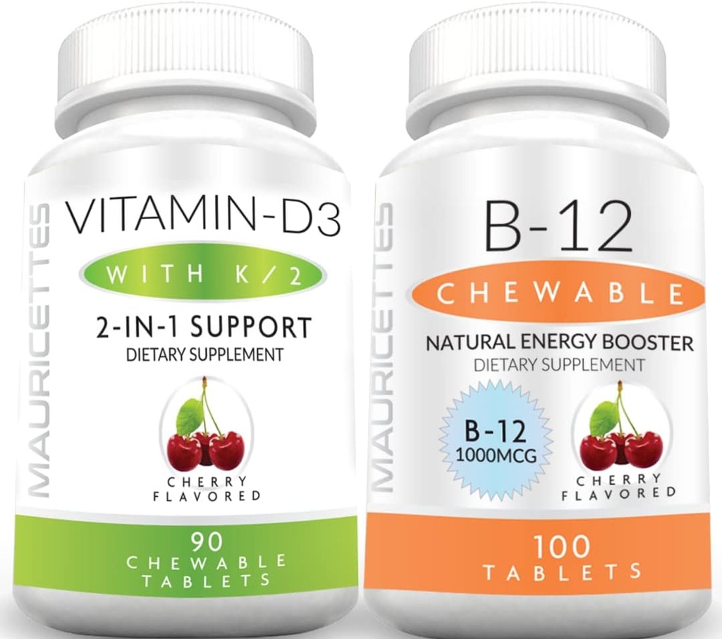 Mauricettes näritav D3-vitamiin K2 ja näritav vitamiin B12 1000 mcg energia ja immuunsuse tugipakett