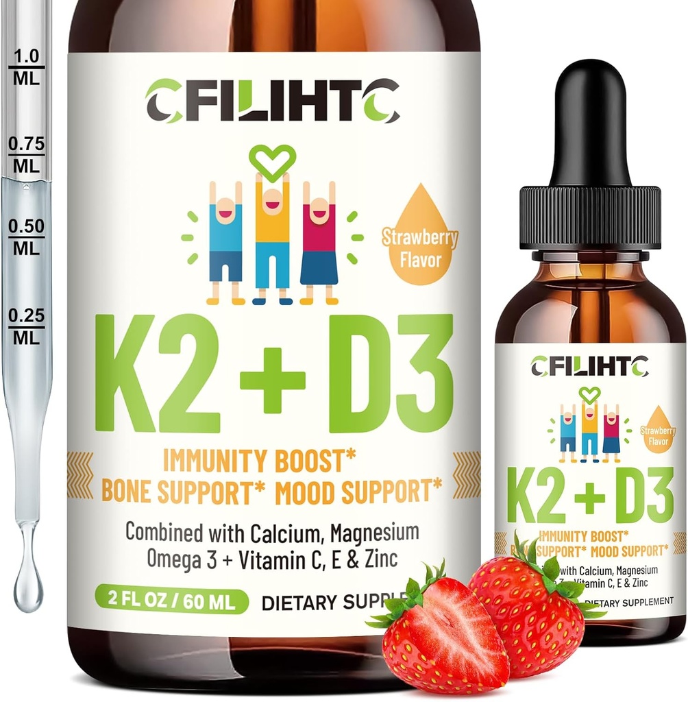 Vitamiin D3 K2 tilgad lastele - Omega 3, vitamiin E, kaltsium, magneesium ja tsink parema imendumise jaoks - Vedel MK7 1000 RÜ D3 tervete luude, hammaste ja südame toetamiseks - Mitte-GMO, 2 Fl Oz