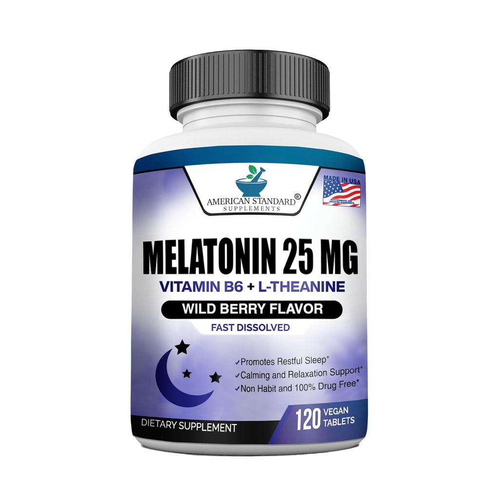 Melatoniin 25 mg ühe tableti kohta, 120 närimiskõlblikku tabletti L-Theanine & vitamiin B-6, toetab tervislikku unetsüklit, soodustab rahulikku ja rahulikku une, vegan, mitte GMO, valmistatud USA-s