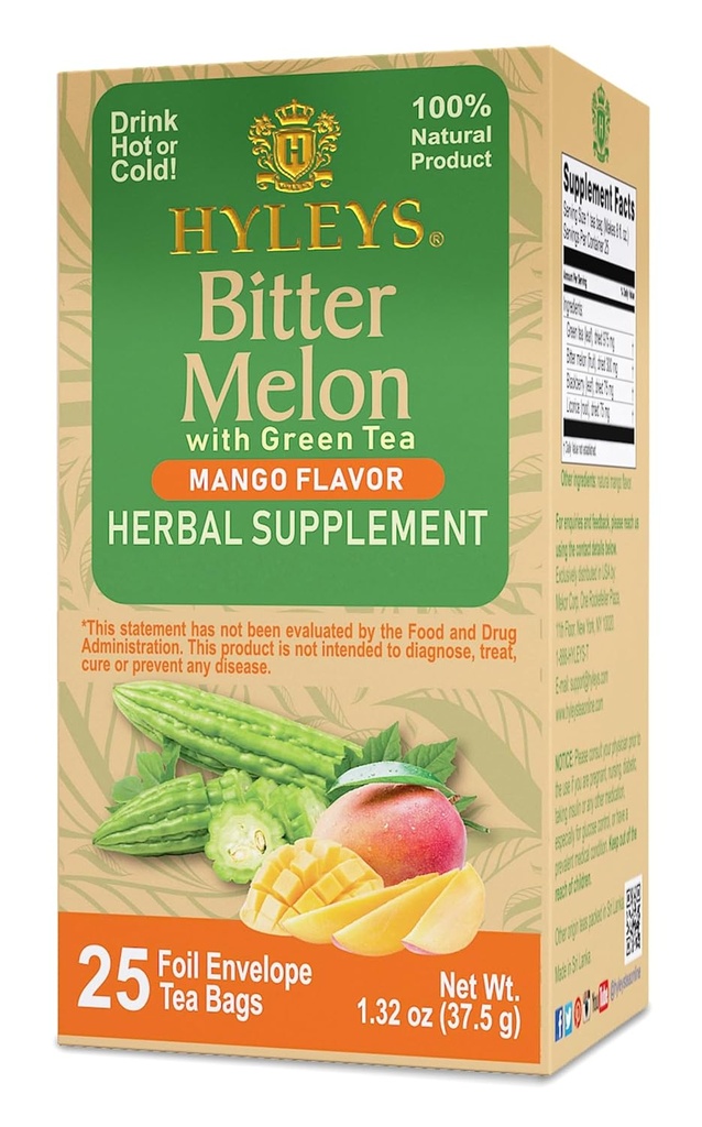 Hüleys Bitter Melon rohelise teega - Mango maitse - 25 teekotid - toetab tervislikku maksafunktsiooni - taimset toidulisandit - (6 pakendit - 150 teekotti kokku)