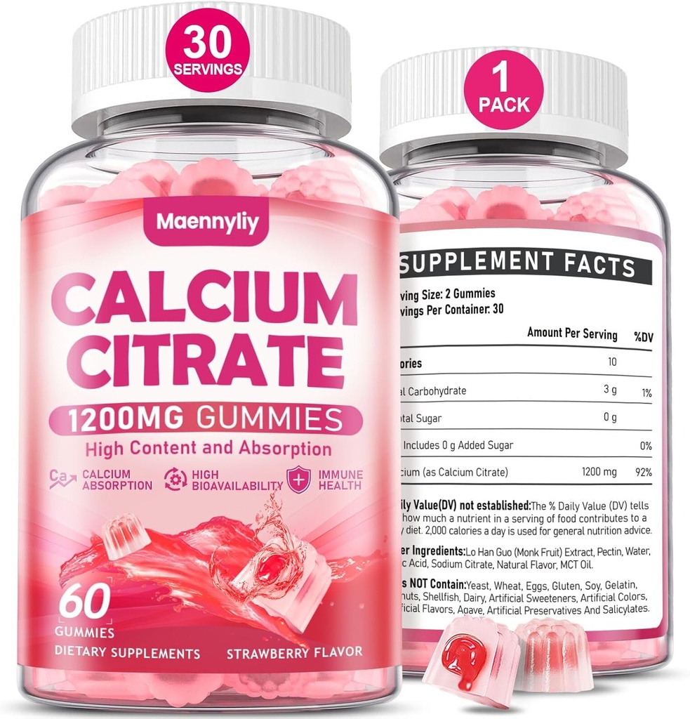 Kaltsiumtsitraatkummid 1200 mg täiskasvanutele: Ultimate Absorption Kaltsiumi lisand naistele ja meestele - lihtne seedida, vegan, mitte-GMO, gluteenivaba - looduslik maasikamaitse