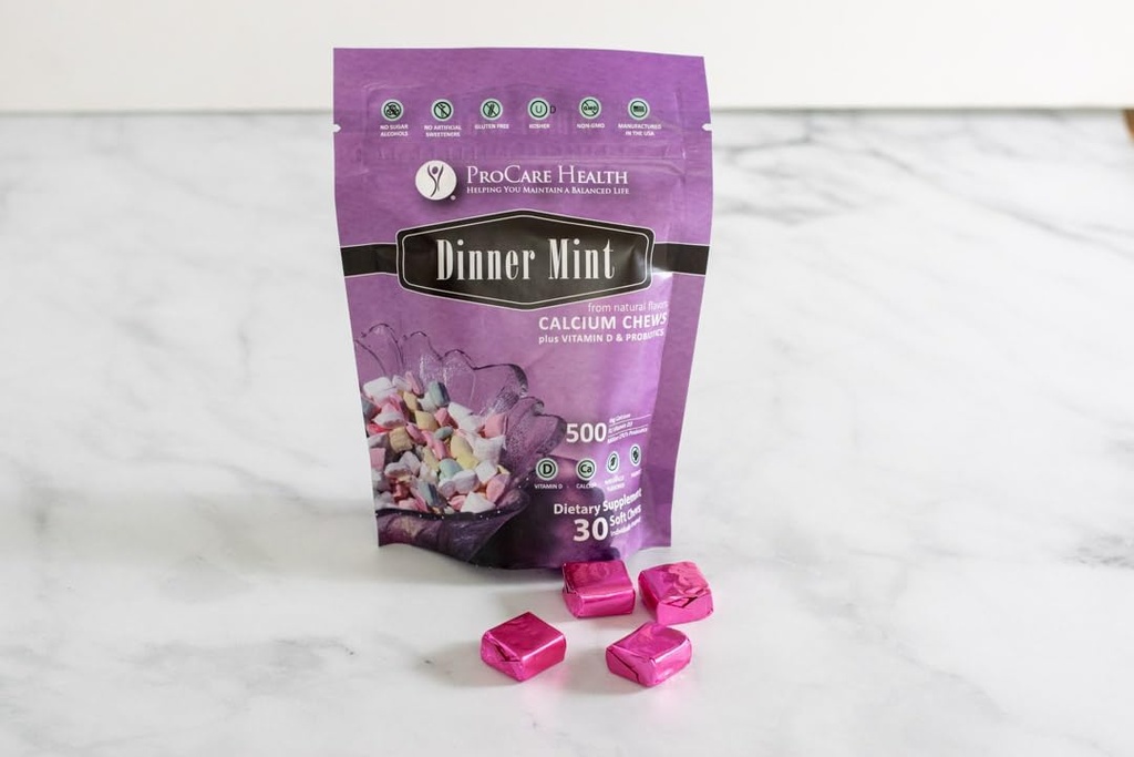 ProCare Health | TruCal Calcium Soft Chew | Dinner Mint | 500mg Kaltsium | 500 IU D3-vitamiini | 500 miljonit CFU probiootikumi | 30 Count