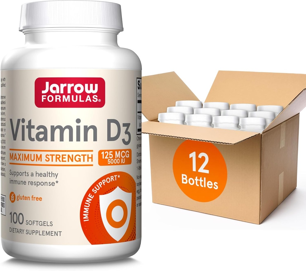 Jarrow valemid Vitamiin D3 125 mcg (5000 RÜ) - 100 Servings (Softgels) - Luude Tervis, Immune Support & Calcium Metabolism Support - Vitamiin D Supplement - D3 Vitamiinid - 5000 IU D-vitamiini (Pack of 12)