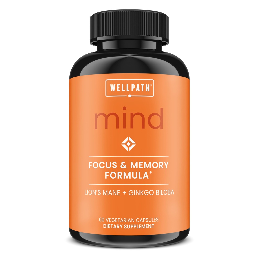WellPath Mind Brain Täiendus Mälu Ja Keskendumine Lõvi Mane | Ginkgo Biloba ja L-Theanine pikaajalise kognitiivse toetuse | Vegan, Non-GMO, 60 Ct