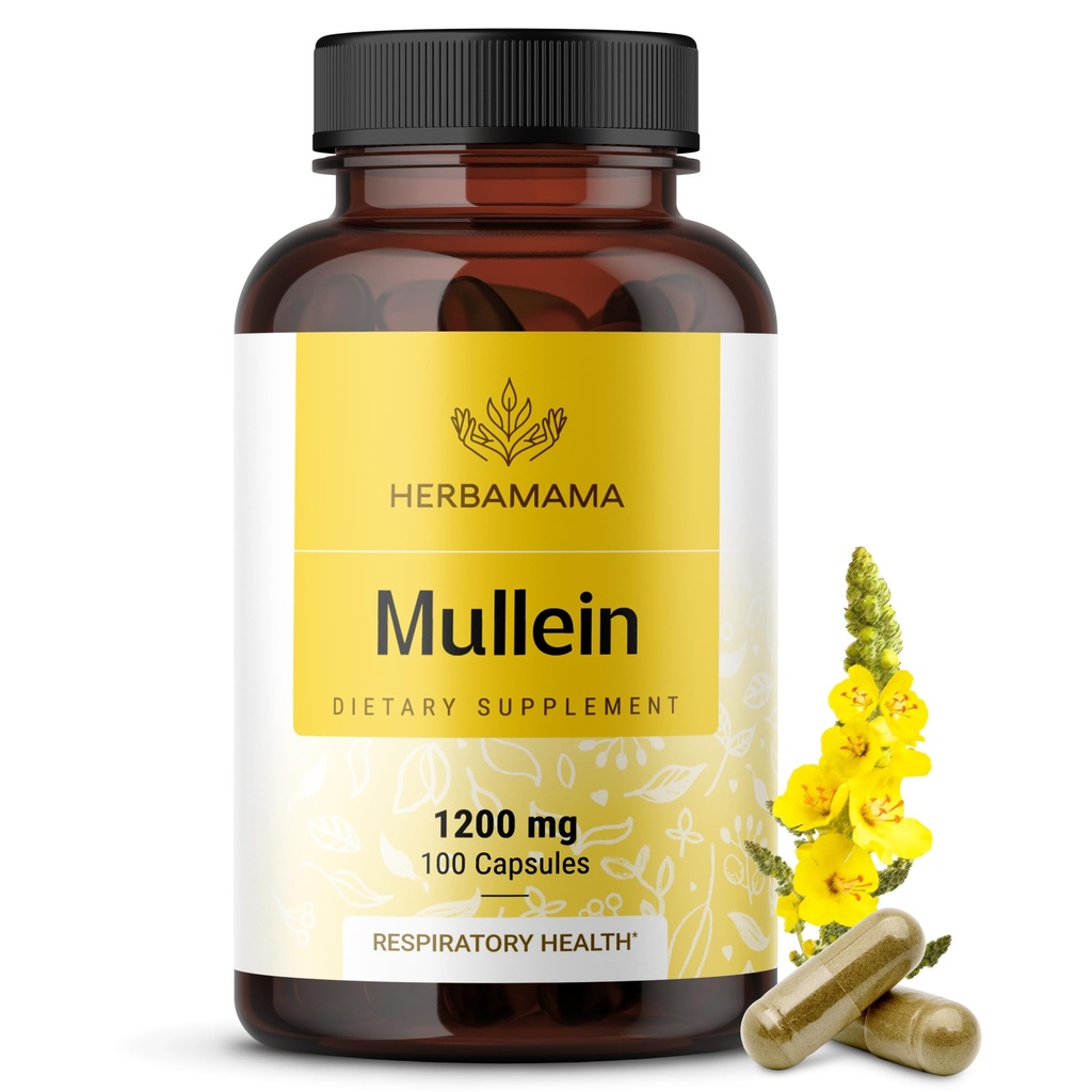 HERBAMAMA Mullein Lehtkapslid - 1200mg Mullein Leaf Extract Lung Detox Support - Vegan, Non-GMO Respiratory Lung Cleanse Supplement