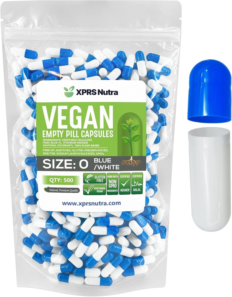 XPRS Nutra suurus 0 Tühjad kapslid - 500 loend Tühjad vegankapslid - taimsed pillid - DIY köögiviljakapsli täitmine - Veggie pillid do-It-Yourself toidulisandite jaoks (sinine / valge)